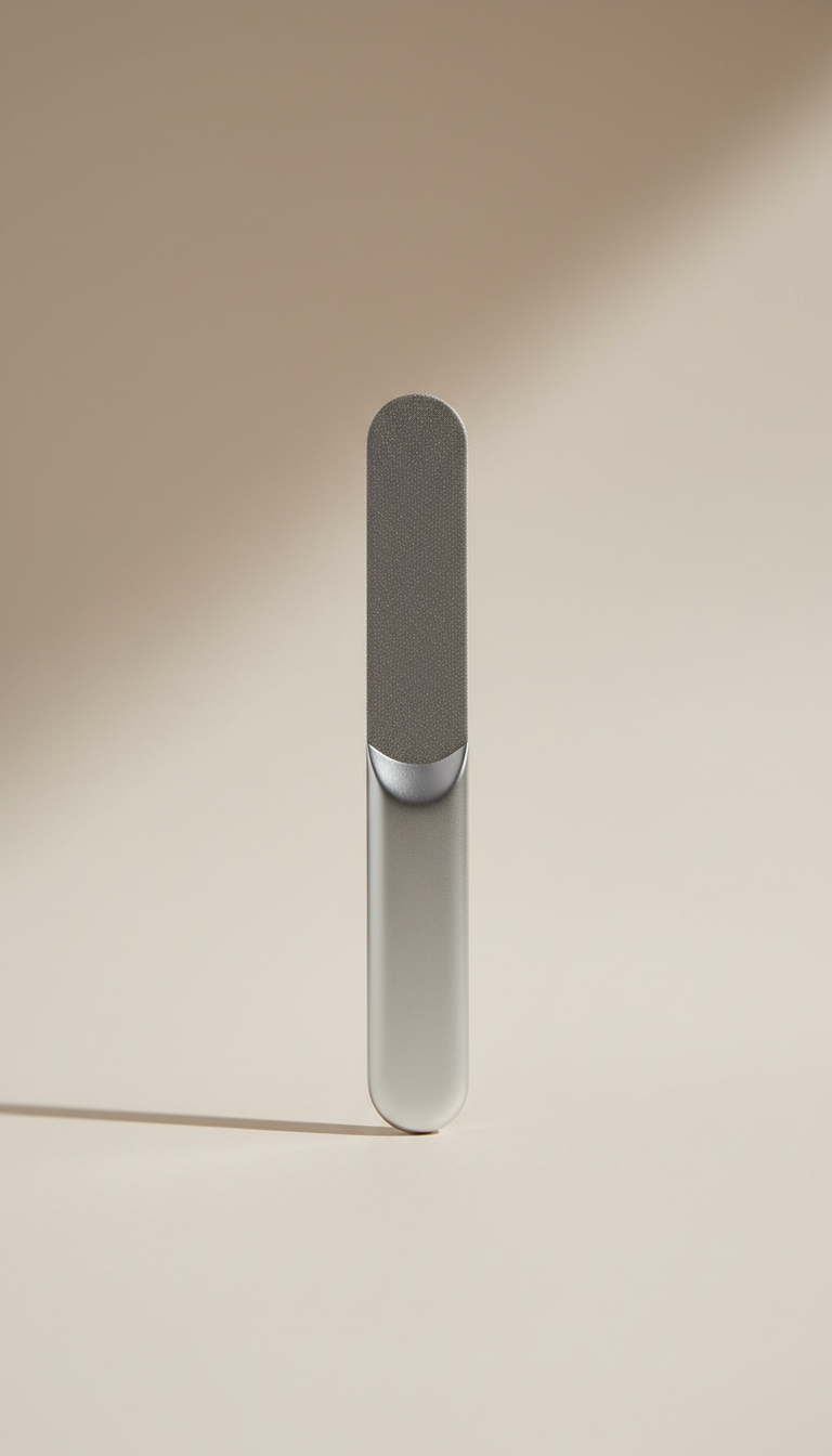 A centered, straight-on view of a travel-friendly nail file, showcasing its refined design and compact form. The file is...