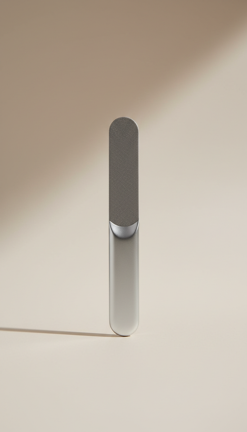 A centered, straight-on view of a travel-friendly nail file, showcasing its refined design and compact form. The file is...