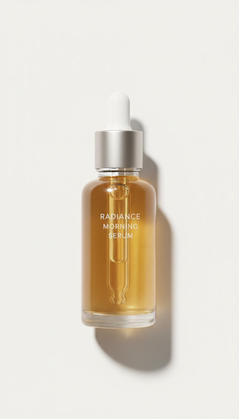 Radiance Morning Serum, Default: 3/4 angle hero shot of product on textured neutral surface (stone or linen), softly...