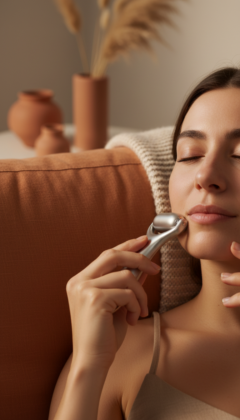 Ergonomic microcurrent facial roller in use