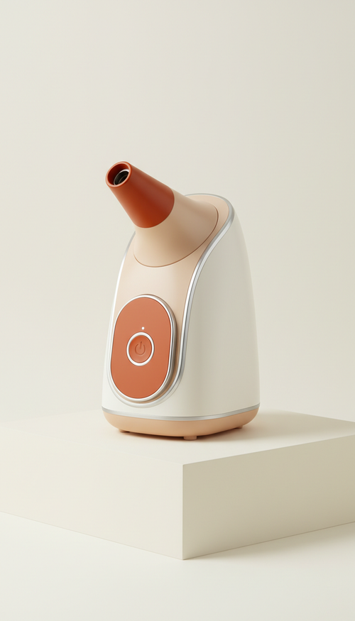 Facial steamer, perfectly centered horizontally and vertically with equal negative space above and below, color palette:...
