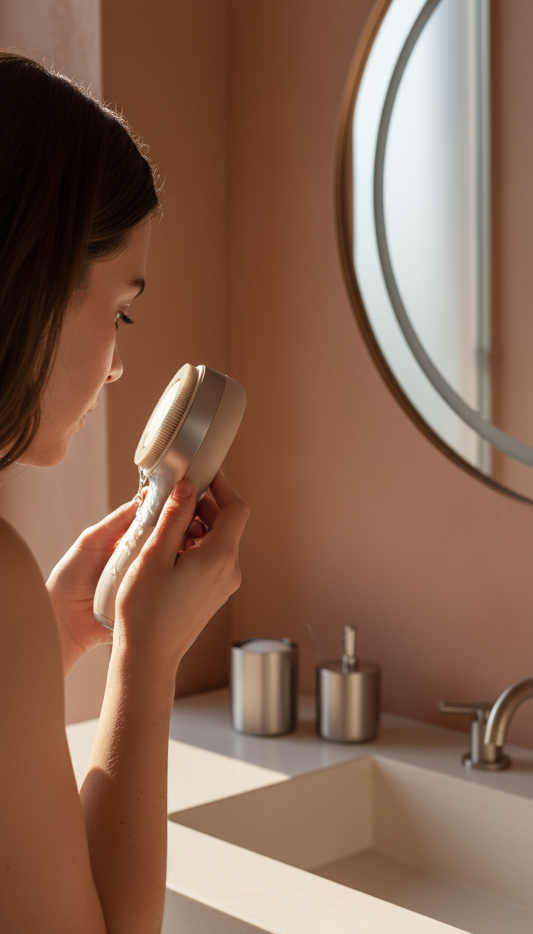 Precision cleansing brush in caramel grey in use