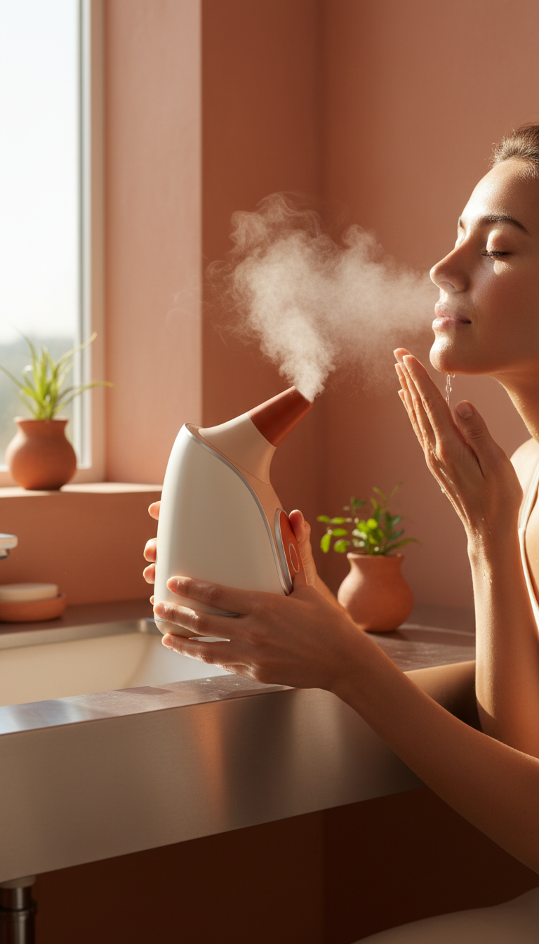 Facial steamer with microfine mist in use