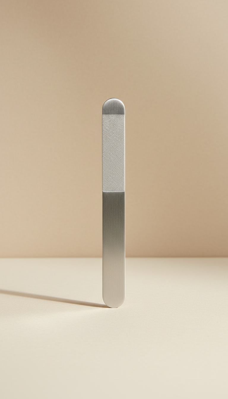 Minimalist stainless steel nail file, Default is a clean 3/4 angle for each tool, presented on a neutral matte surface...