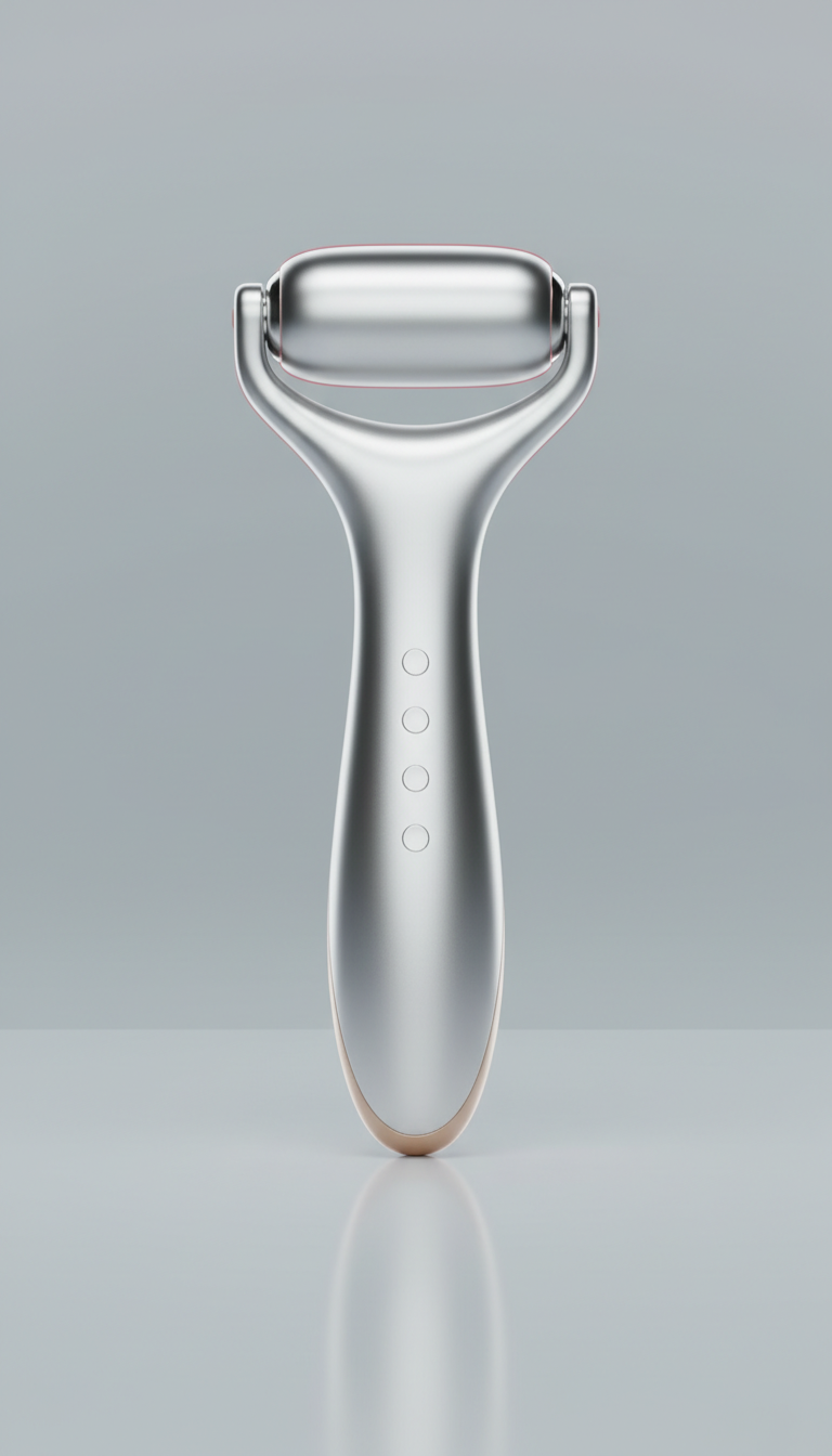 Light & Science microcurrent facial roller, Three-quarter angle as default — showcases both front-facing technology details...