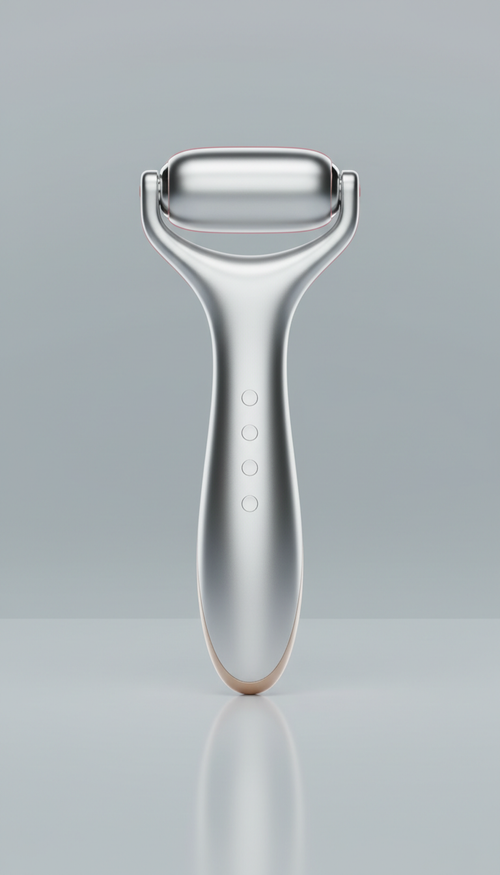 Light & Science microcurrent facial roller, Three-quarter angle as default — showcases both front-facing technology details...