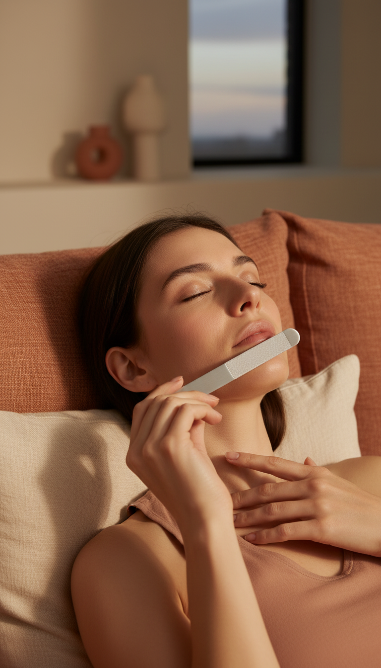 Minimalist stainless steel nail file in use
